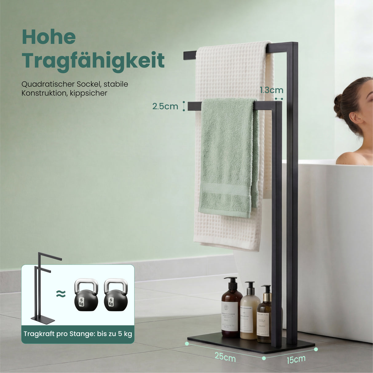 glasvilla Porta Asciugamani Bagno da Terra a 2 Bracci, Portasciugamani in Acciaio per Bagno, Antiruggine, Tavrin-02