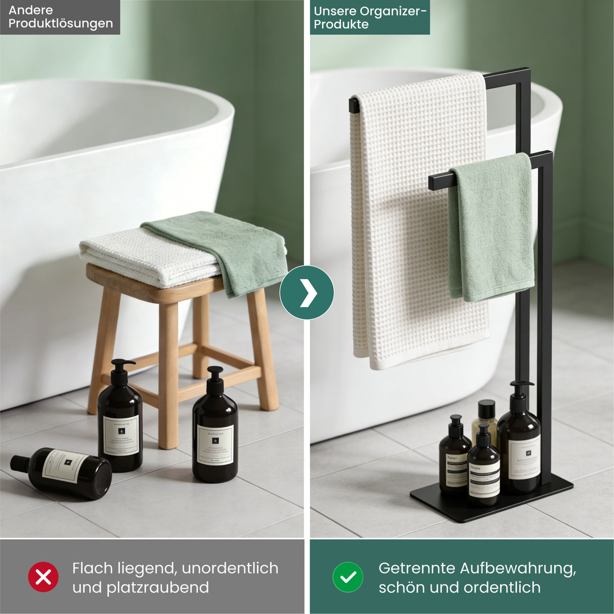 glasvilla Porta Asciugamani Bagno da Terra a 2 Bracci, Portasciugamani in Acciaio per Bagno, Antiruggine, Tavrin-02
