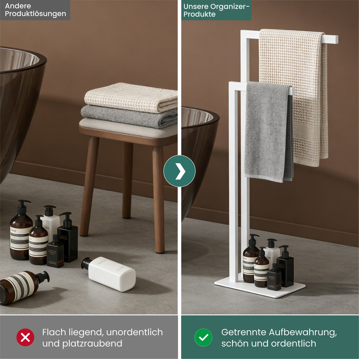 glasvilla Porta Asciugamani Bagno da Terra a 2 Bracci, Portasciugamani in Acciaio per Bagno, Antiruggine, Tavrin-02