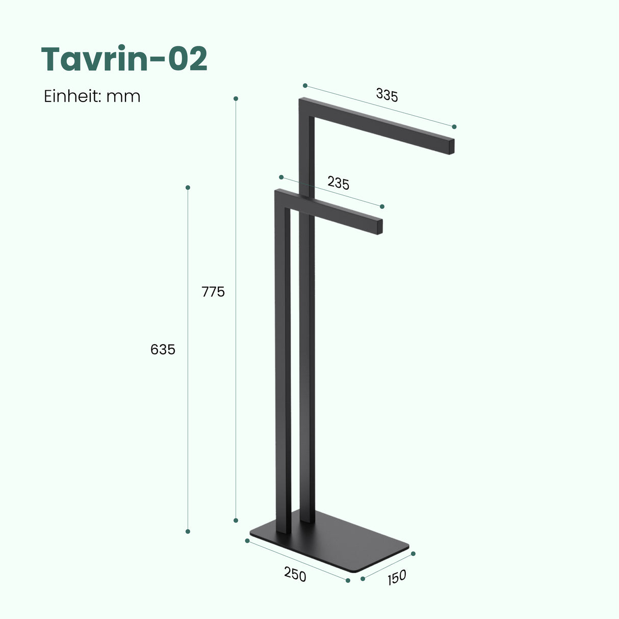 glasvilla Porta Asciugamani Bagno da Terra a 2 Bracci, Portasciugamani in Acciaio per Bagno, Antiruggine, Tavrin-02