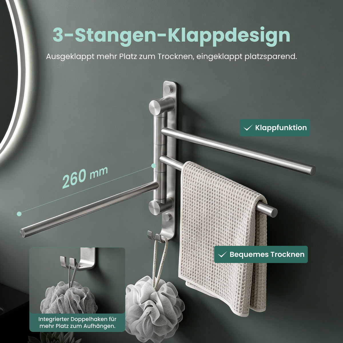 glasvilla Handtuchhalter 180° Schwenkbar 3-armig aus Edelstahl Handtuchhalterung Badetuchhalter ohne Bohren oder mit Bohren, 3-Stangen Handtuchstange für Bad und Küche, Tavrin-06