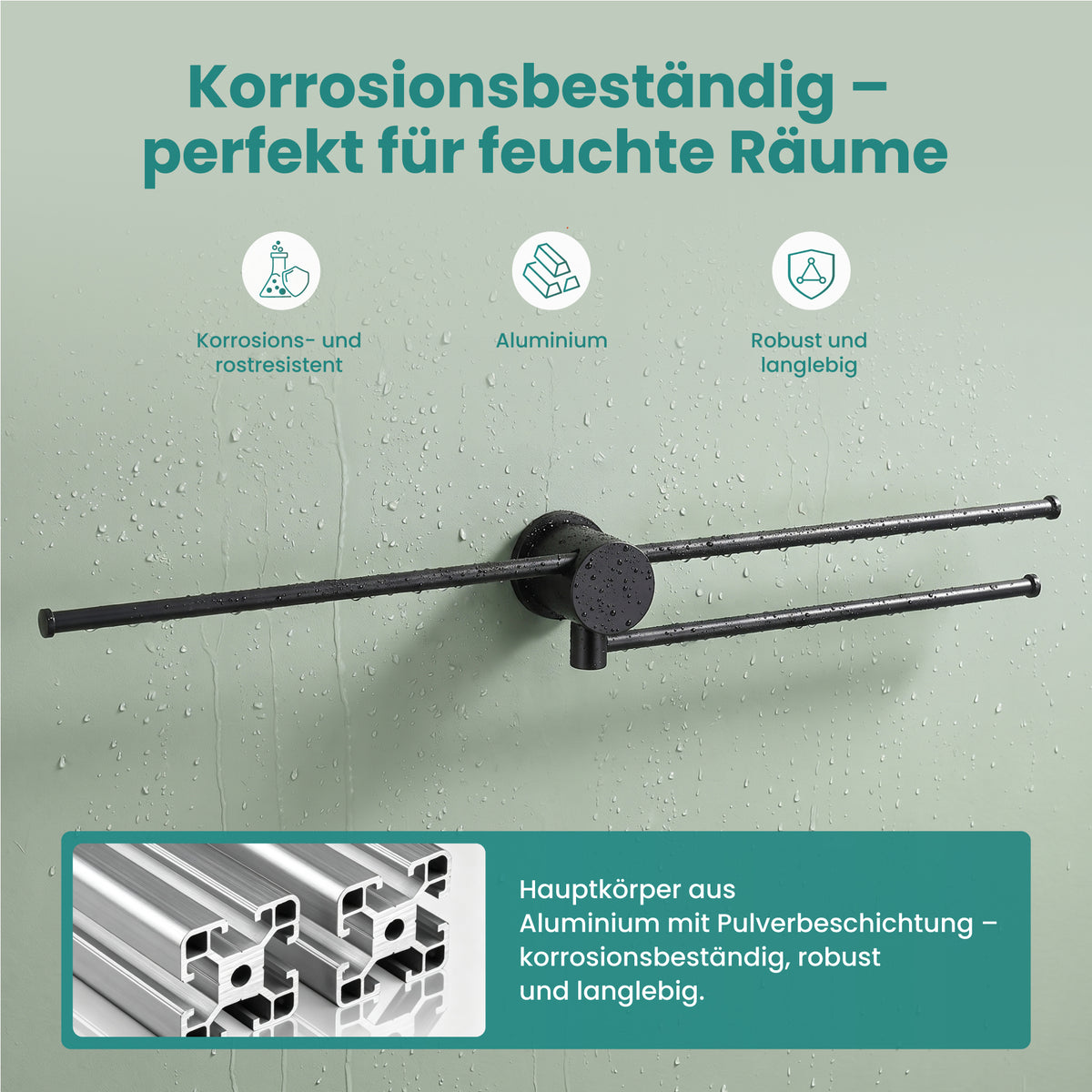 glasvilla Handtuchhalter ohne Bohren, 360° schwenkbar, Wand-Handtuchhalter aus Aluminium, 60,7 cm, selbstklebend oder zum Bohren, verstellbar, für Hand- & Badetücher, Tavrin-08
