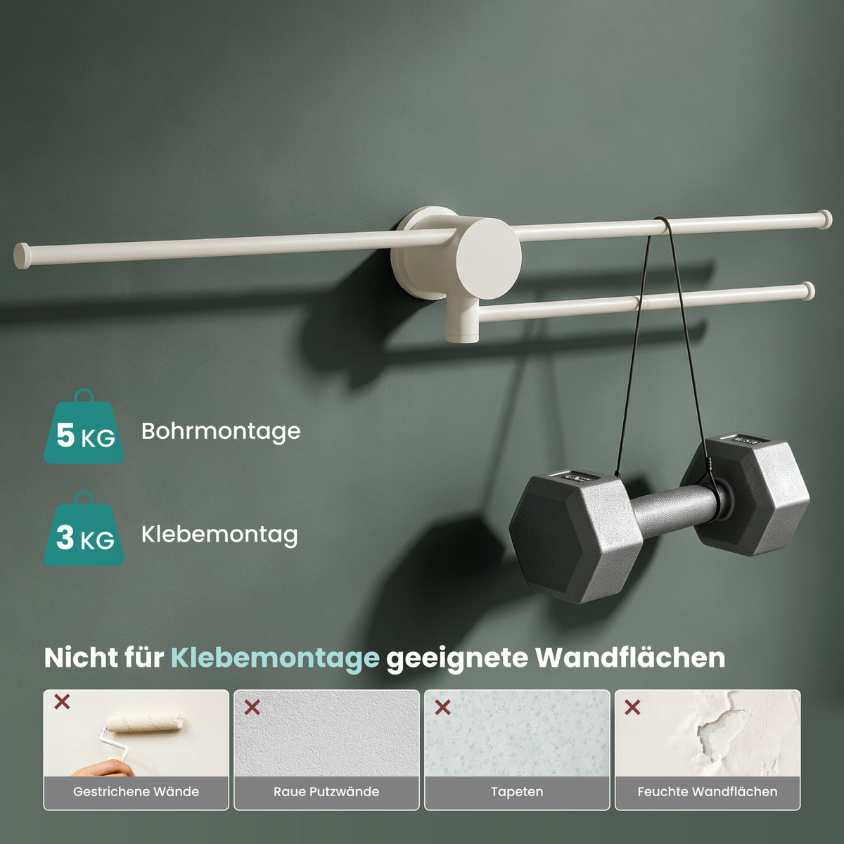 glasvilla Handtuchhalter ohne Bohren, 360° schwenkbar, Wand-Handtuchhalter aus Aluminium, 60,7 cm, selbstklebend oder zum Bohren, verstellbar, für Hand- & Badetücher, Tavrin-08