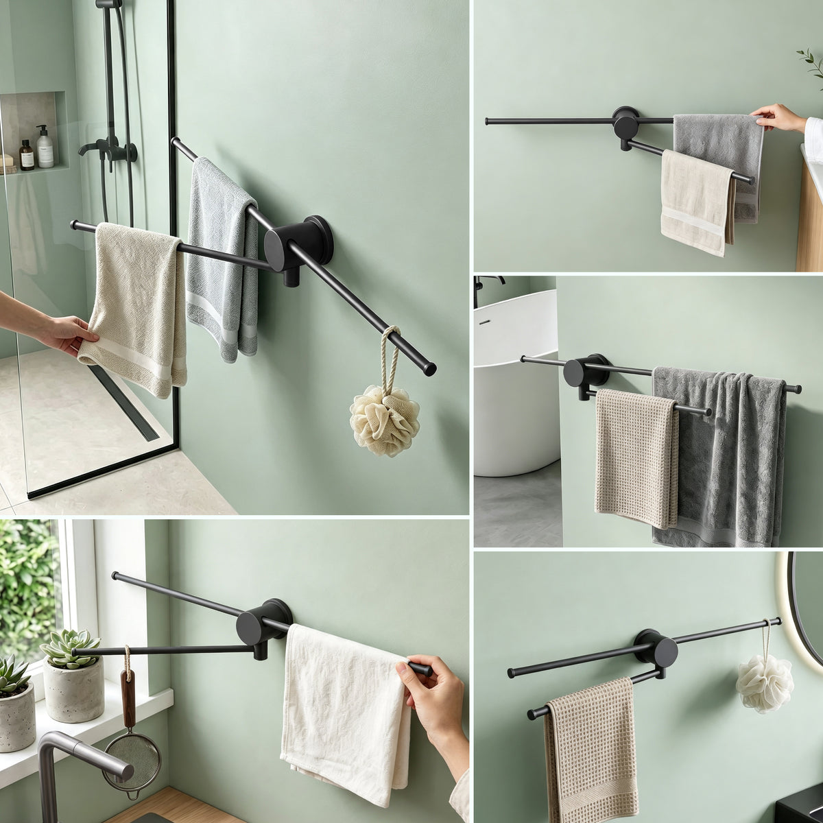 glasvilla Handtuchhalter ohne Bohren, 360° schwenkbar, Wand-Handtuchhalter aus Aluminium, 60,7 cm, selbstklebend oder zum Bohren, verstellbar, für Hand- & Badetücher, Tavrin-08