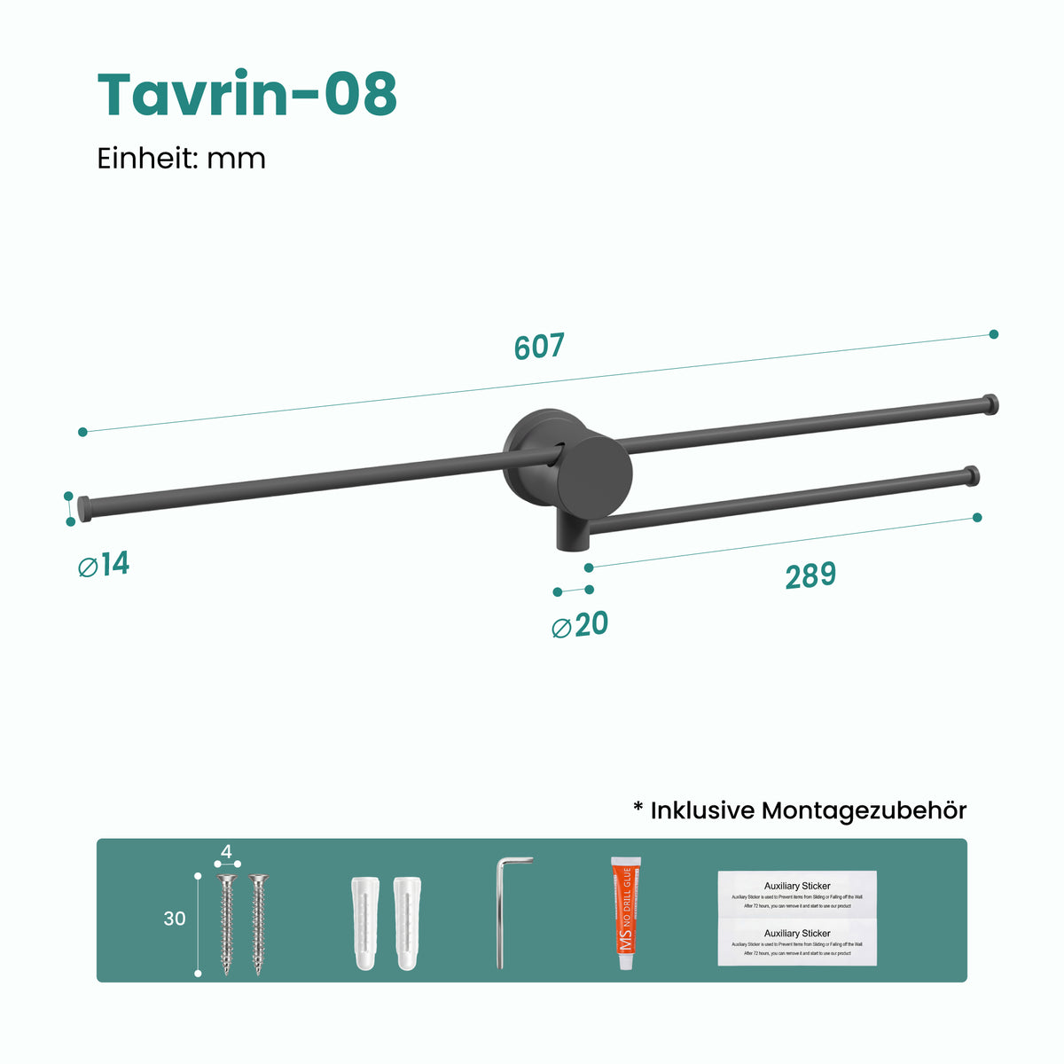 glasvilla Handtuchhalter ohne Bohren, 360° schwenkbar, Wand-Handtuchhalter aus Aluminium, 60,7 cm, selbstklebend oder zum Bohren, verstellbar, für Hand- & Badetücher, Tavrin-08