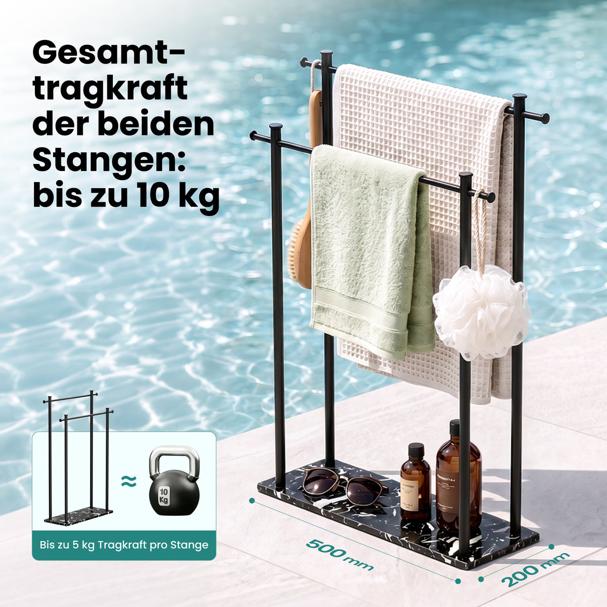 glasvilla Handtuchständer freistehend mit 2 Stangen, Handtuchhalter stehend Handtuchhalter ohne Bohren 55 × 20 × 82,5 , Edelstahl, Mineralstein-Sockel mit Ablage, Tavrin-09