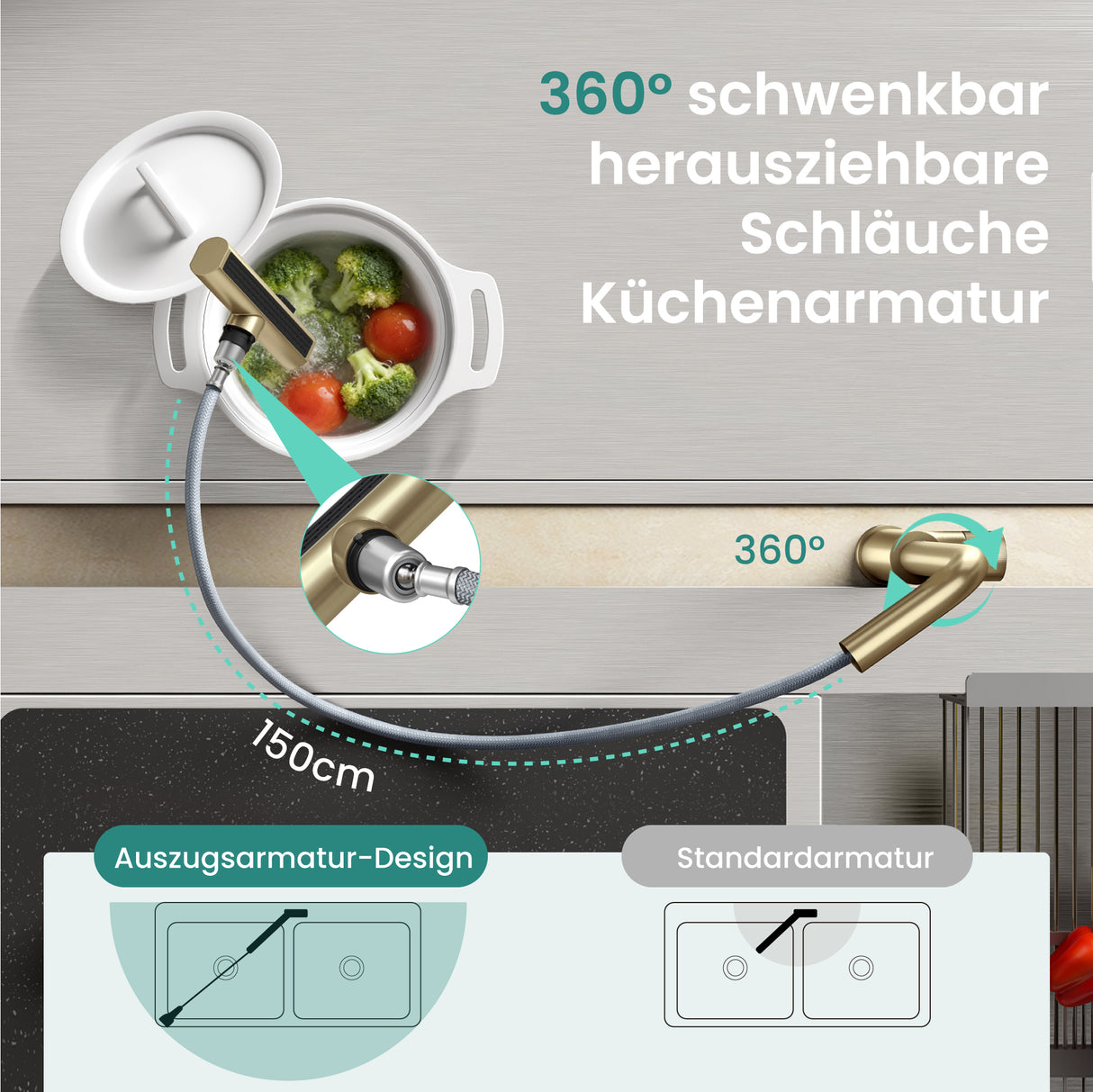 glasvilla Wasserhahn Küche Küchenarmatur mit Brause Ausziehbar, Küchenwasserhahn 360°Schwenkbar 3 Sprühfunktionen, Mischbatterie Spültischarmatur aus Edelstahl Turnix-02