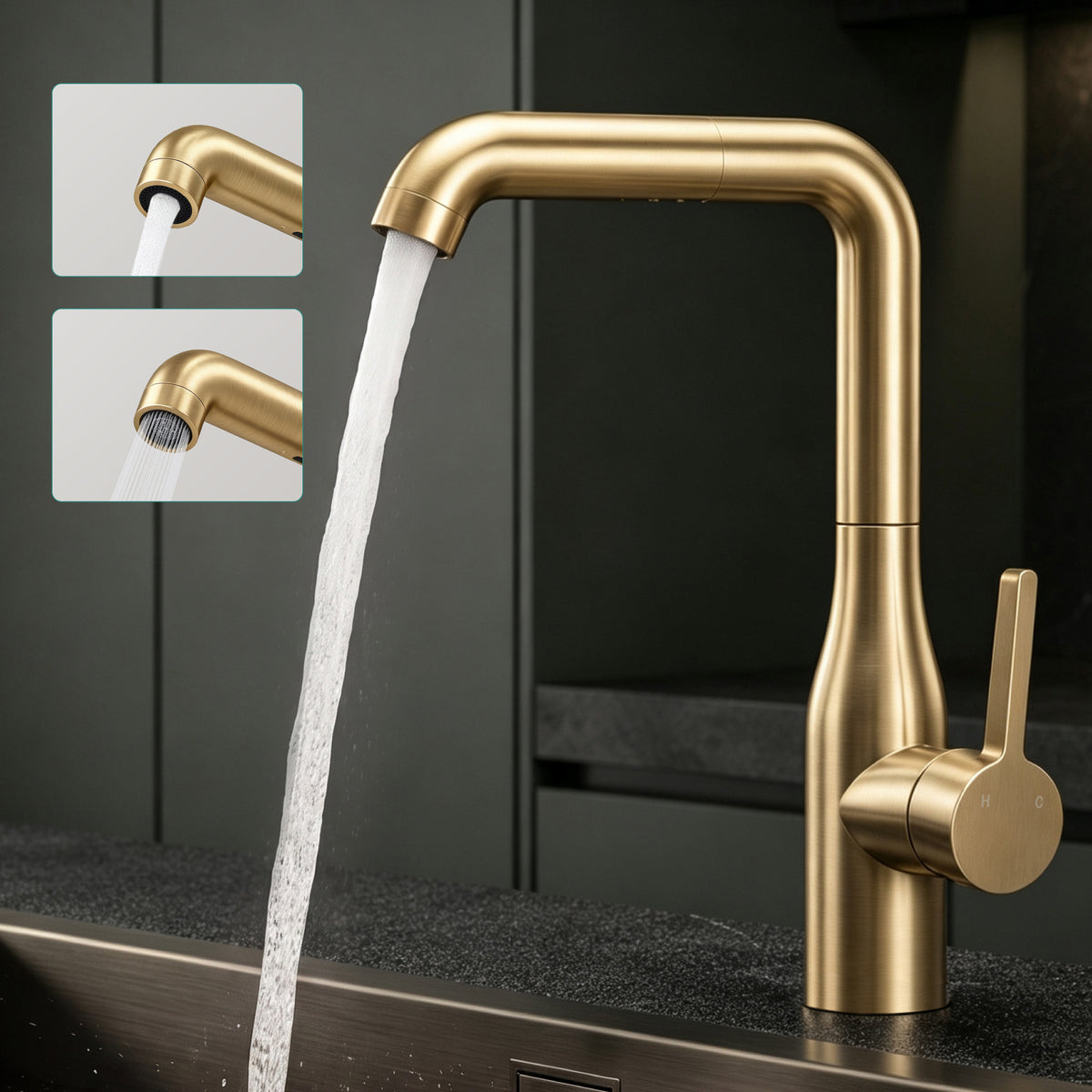 glasvilla Wasserhahn Küche Küchenarmatur mit Brause Ausziehbar, Küchenwasserhahn 360°Schwenkbar, Mischbatterie Spültischarmatur aus Edelstahl Turnix-04