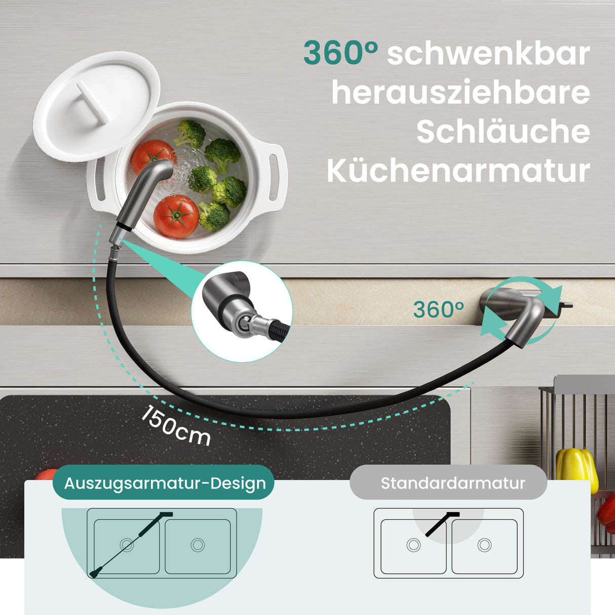 glasvilla Wasserhahn Küche Küchenarmatur mit Brause Ausziehbar, Küchenwasserhahn 360°Schwenkbar, Mischbatterie Spültischarmatur aus Edelstahl Turnix-04