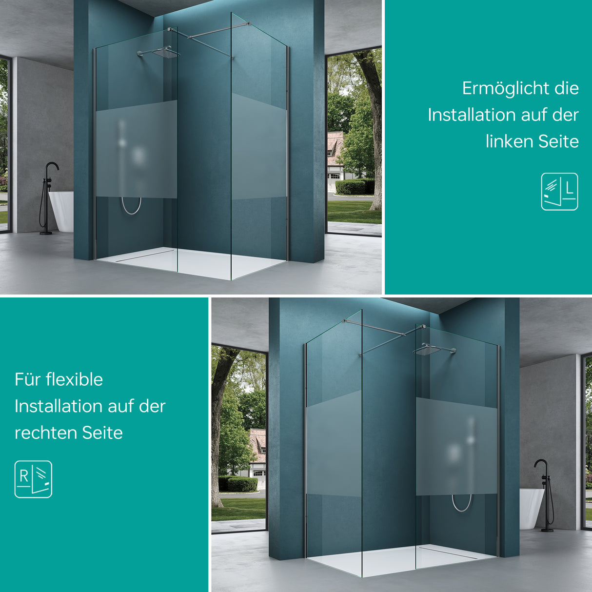 glasvilla Duschwand für Dusche Duschabtrennung mit 2 festen Seitenelementen 8mm ESG-Sicherheitsglas Walk-In Dusche Klarglas NANO-Versiegelung Bremen01K/MS-T