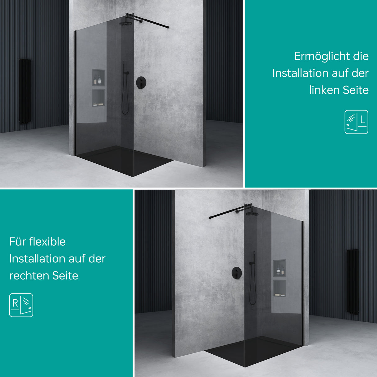 glasvilla Duschwand für Dusche Duschabtrennung Walk-In ESG-Sicherheitsglas 8mm NANO Glas BRAM1&BRAM3 Bremen1 Schwarz