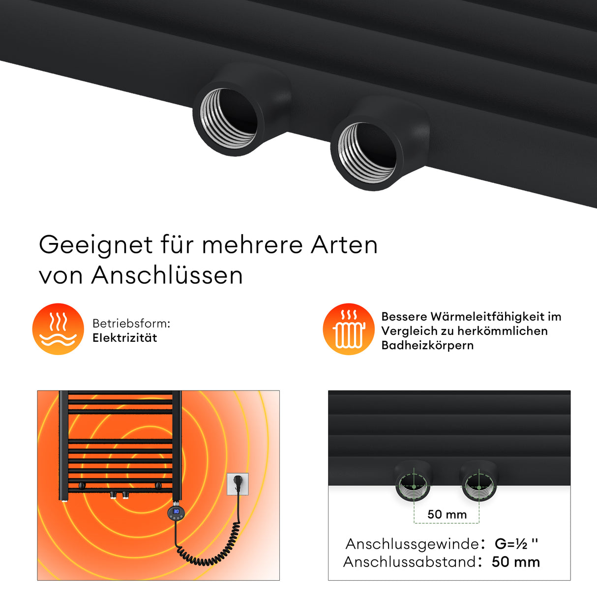 glasvilla Badheizkörper Elektrisch Handtuchwärmer für Strom, Seitenanschluss, Röhrenheizkörper Badheizung RHE mit Heizstab 02