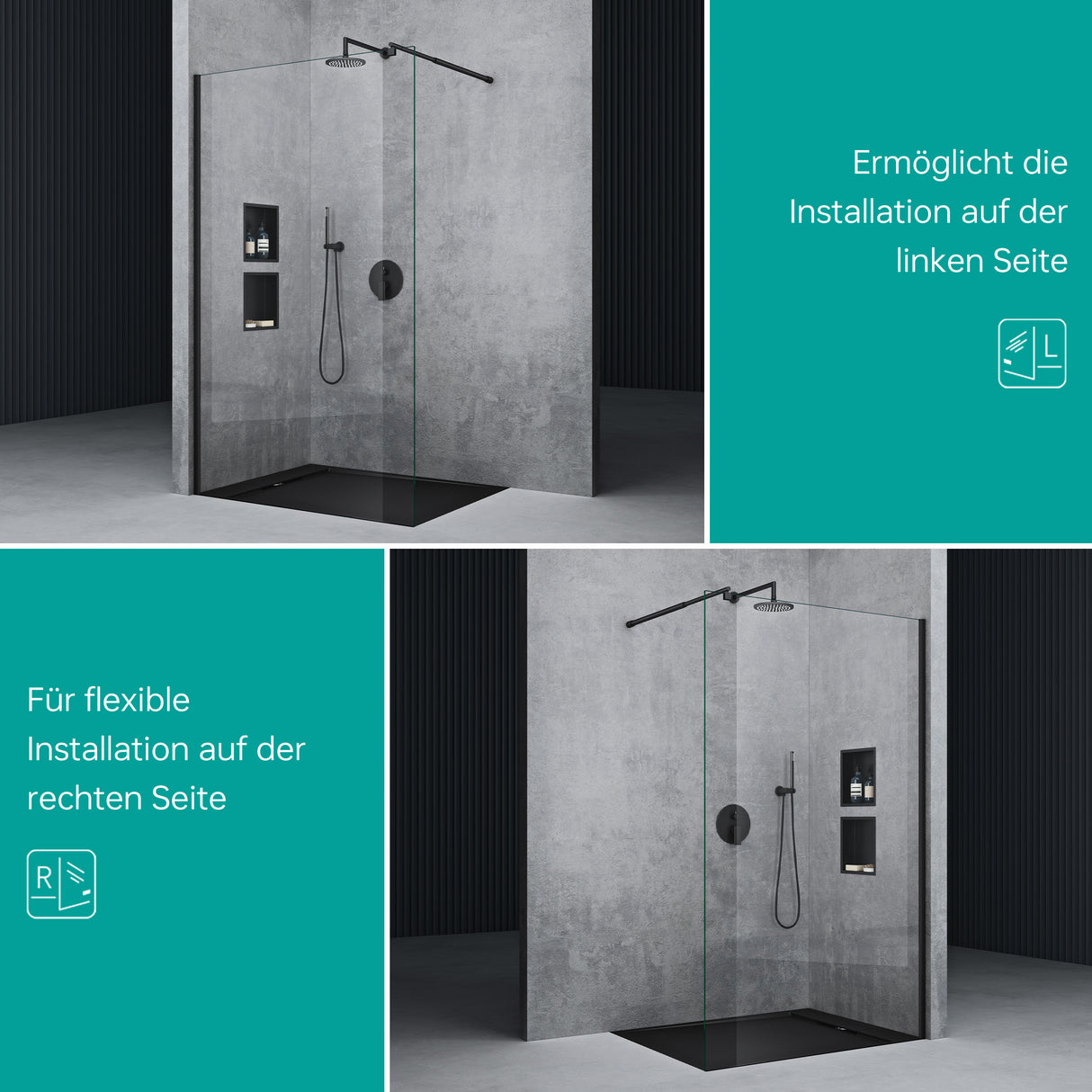 glasvilla Duschwand für Dusche Duschabtrennung Walk-In ESG-Sicherheitsglas 8mm NANO Glas BRAM1&BRAM3 Bremen1 Schwarz