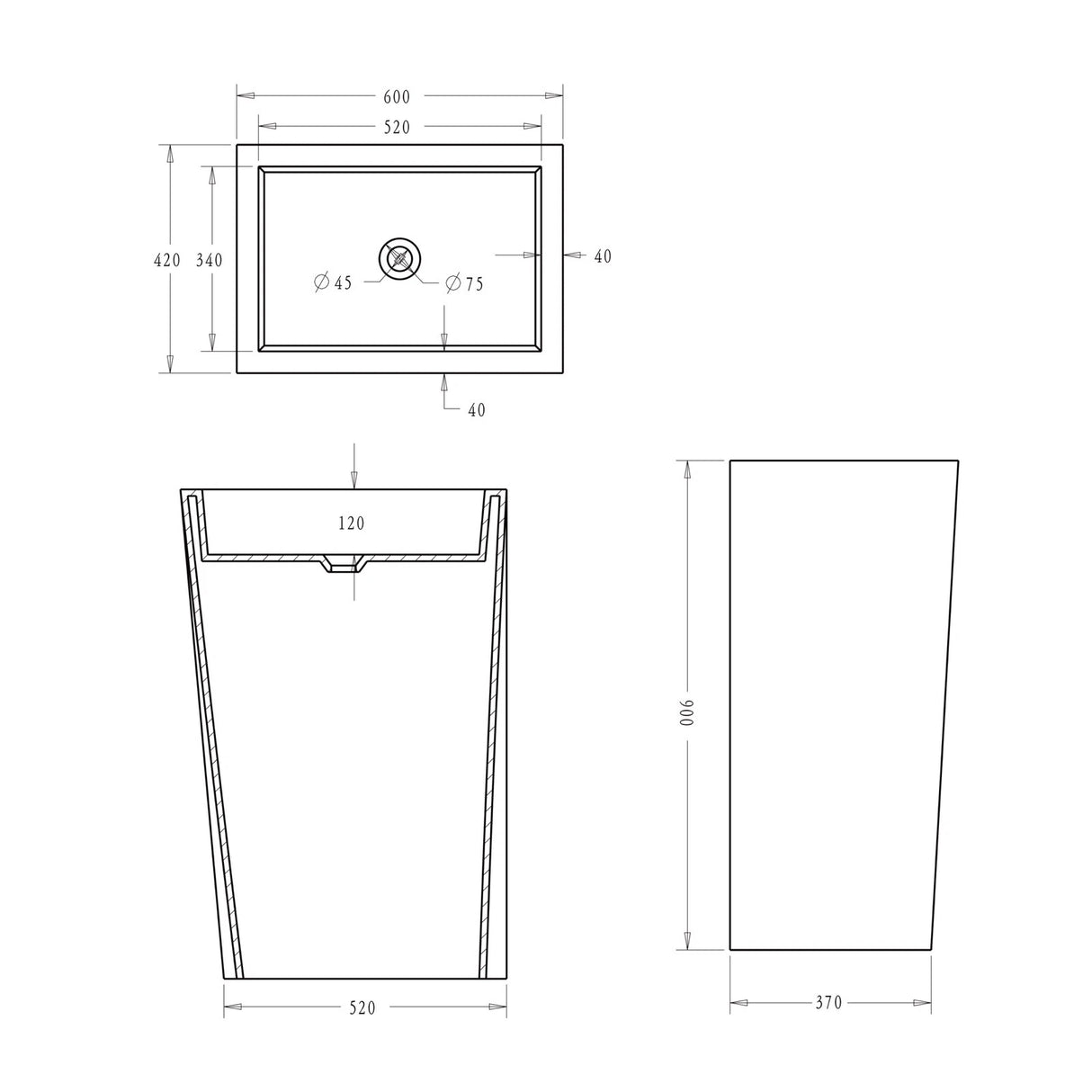 glasvilla Design Standwaschbecken freistehend Col38 weiß, aus Mineralguss, Waschtisch, BTH: 60x42x90cm