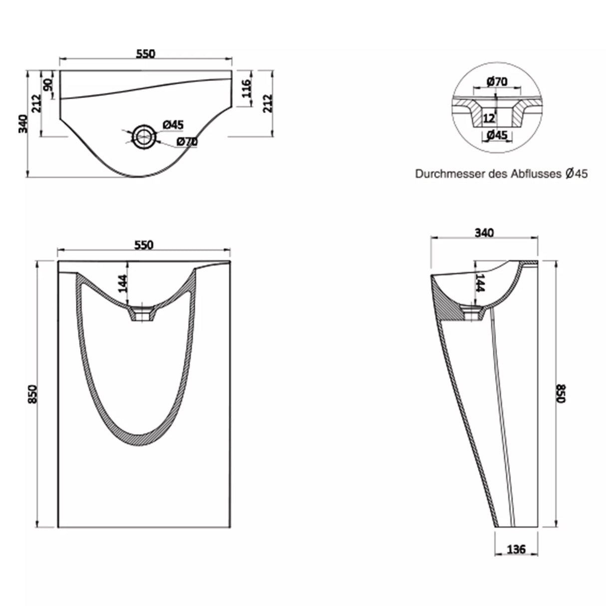 glasvilla Design Standwaschbecken freistehend Col37 weiß, aus Mineralguss, Waschtisch, BTH: 55x34x85cm