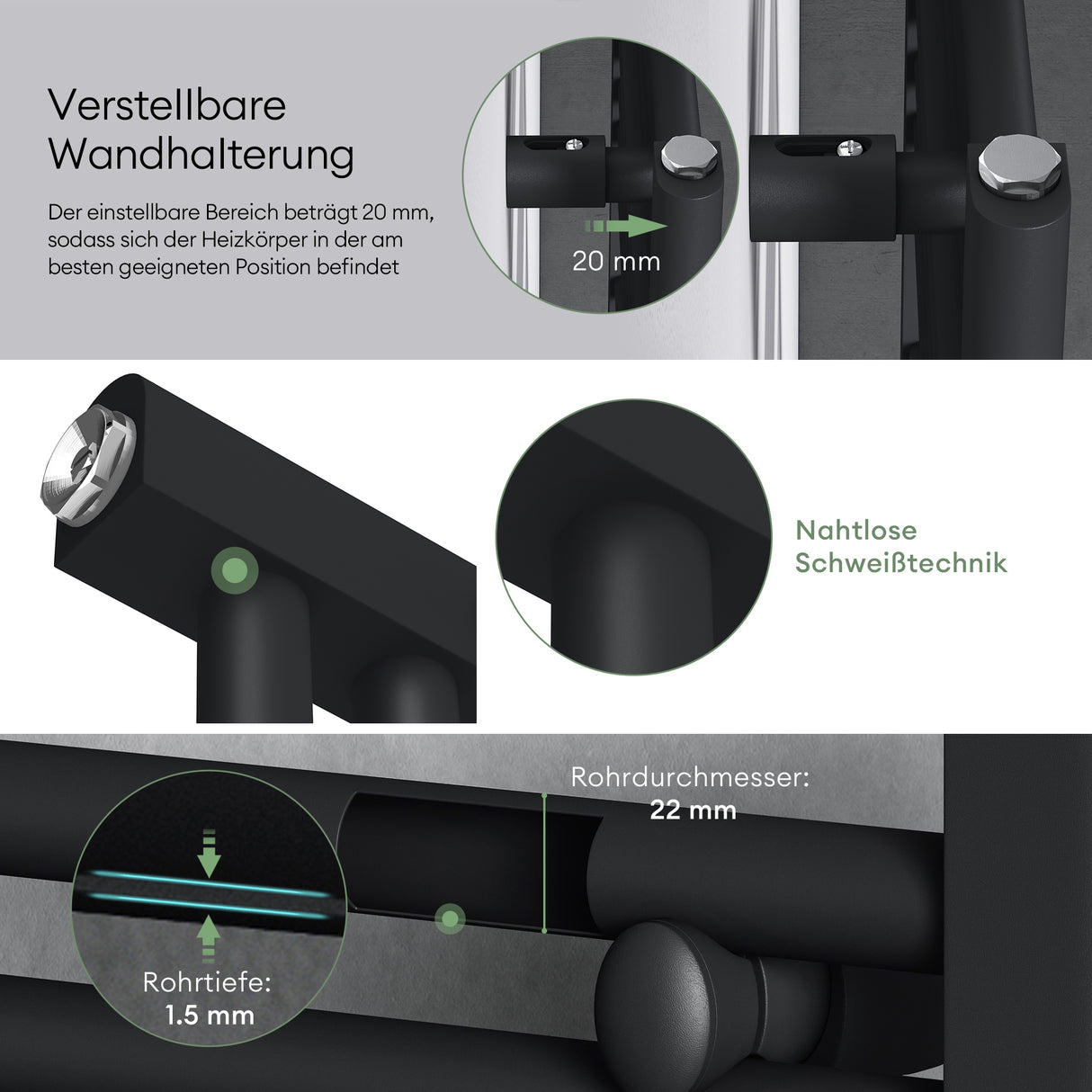 glasvilla Design Badheizkörper Seitenanschluss & Mittelanschluss Handtuchtrockner Röhrenheizkörper Badheizung RHE