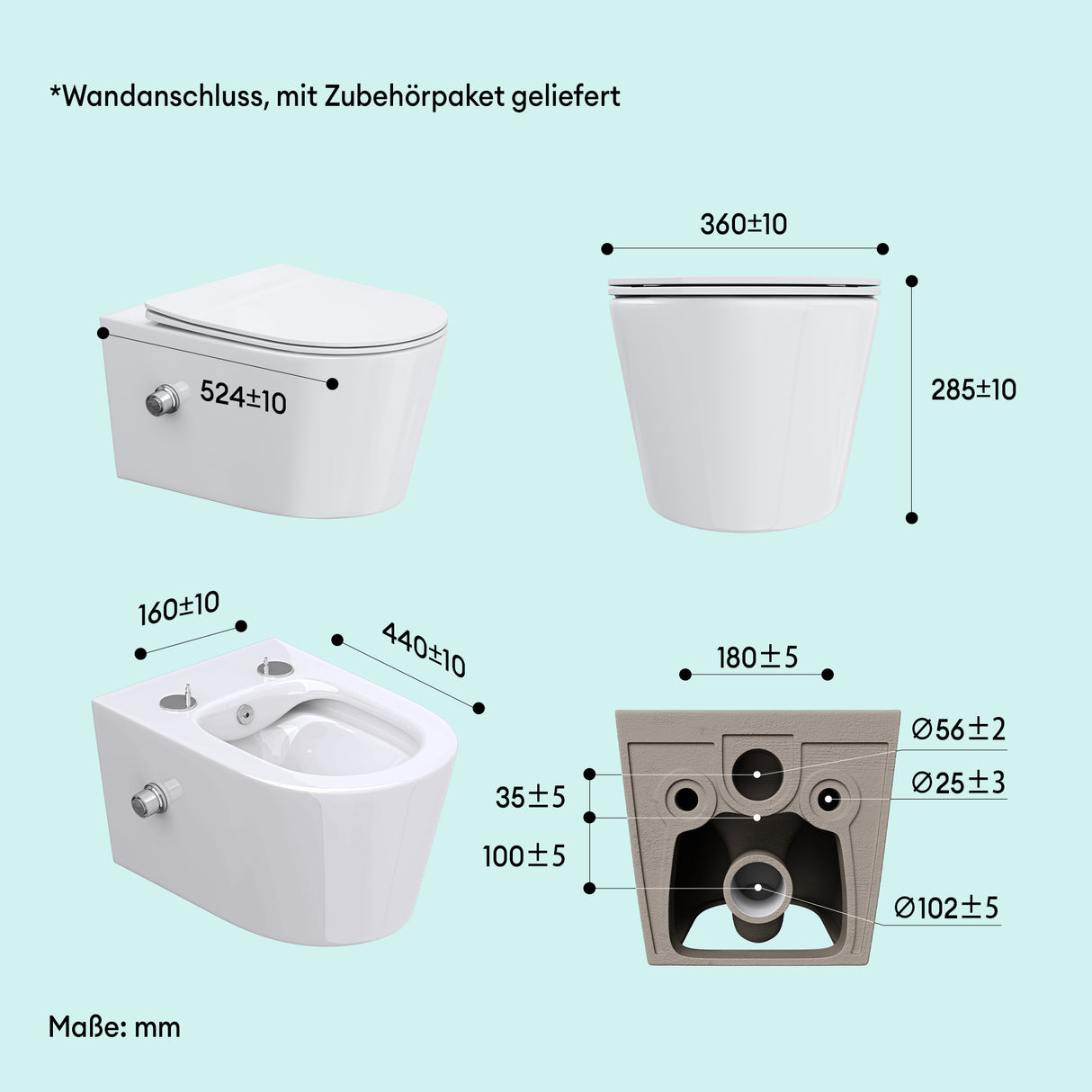 glasvilla Hänge WC Toilette Wand-WC Spülrandlos Weiß aus Keramik Wandmontage mit Absenkautomatik
