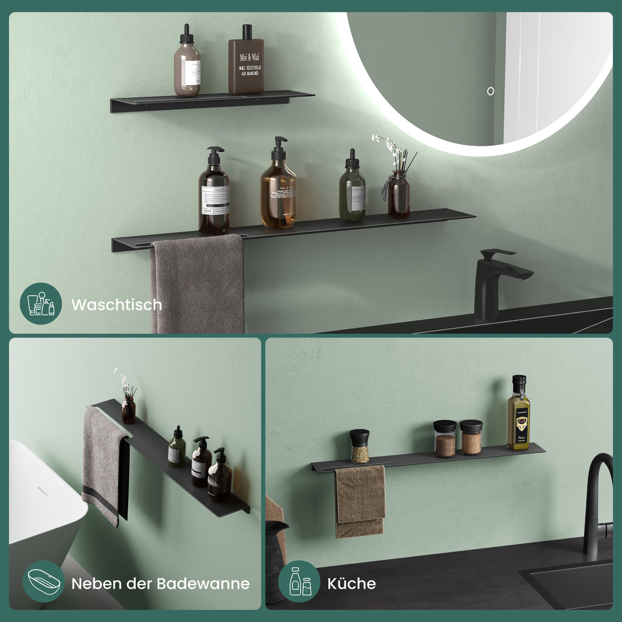 Étagère de douche en verre pour percer ou coller, étagère de salle de bain en aluminium, support mural pour salle de bain, organiseur de salle de bain Reglo-06