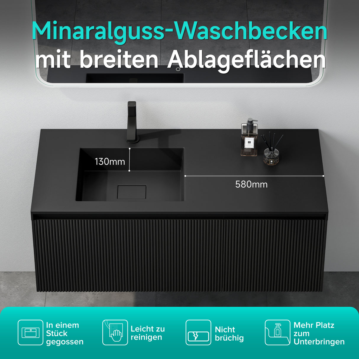 glasvilla Design Badmöbel Set Waschtisch mit Unterschrank Waschbeckenunterschrank 120cm mit Softclose Schubladen inkl. Mineralguss Waschbecken Santa