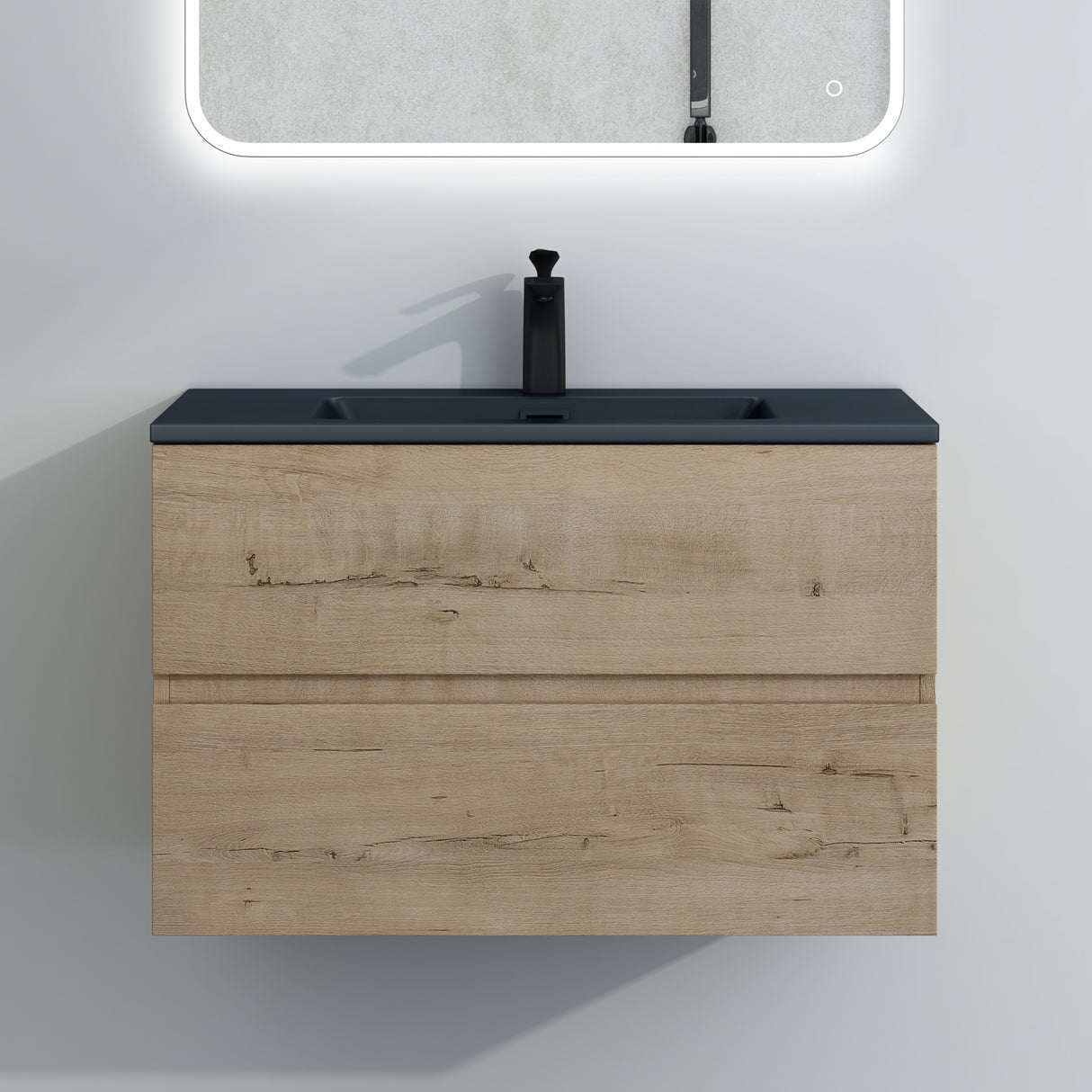 glasvilla Badmöbel-Set Waschtisch mit Unterschrank Mineralguss Waschbecken in Anthrazit Waschbeckenunterschrank  2-Schubladen Soft-Close Aqualis