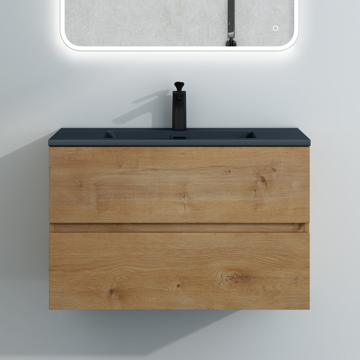 glasvilla Badmöbel-Set Waschtisch mit Unterschrank Mineralguss Waschbecken in Anthrazit Waschbeckenunterschrank  2-Schubladen Soft-Close Aqualis