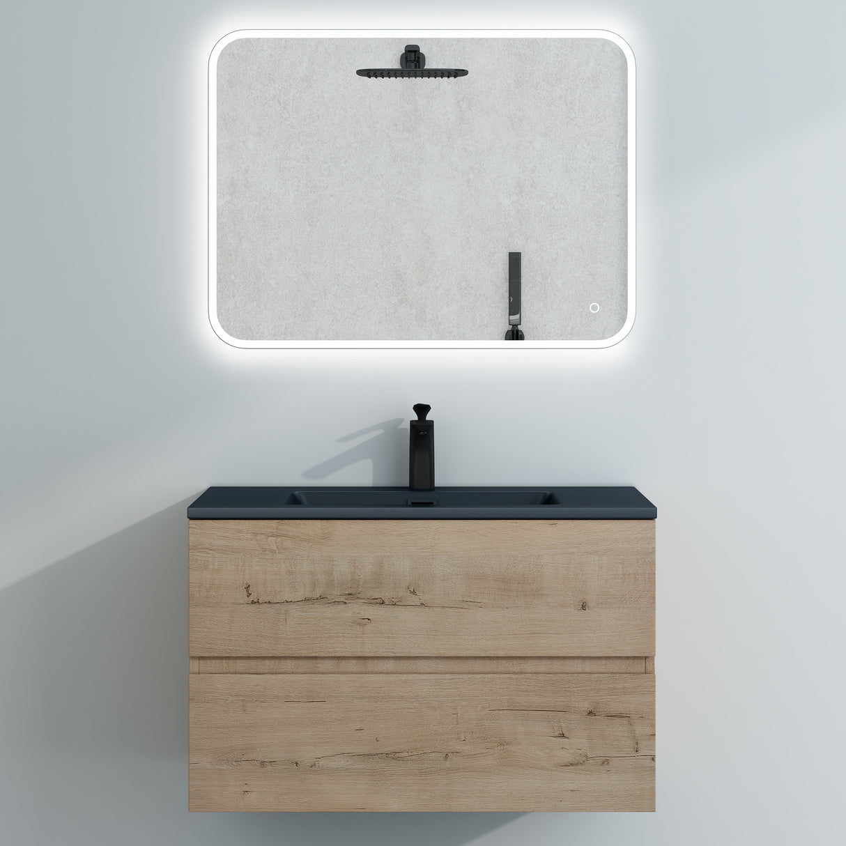 glasvilla Badmöbel-Set Waschtisch mit Unterschrank Mineralguss Waschbecken in Anthrazit Waschbeckenunterschrank  2-Schubladen Soft-Close Aqualis