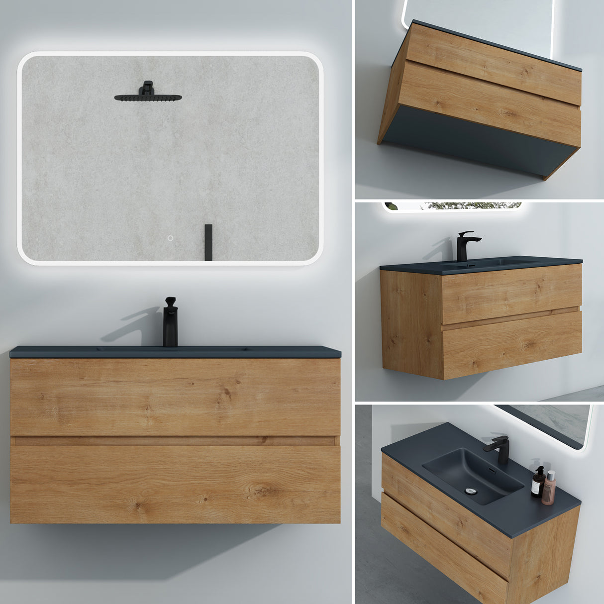 glasvilla Badmöbel-Set Waschtisch mit Unterschrank Mineralguss Waschbecken in Anthrazit Waschbeckenunterschrank  2-Schubladen Soft-Close Aqualis