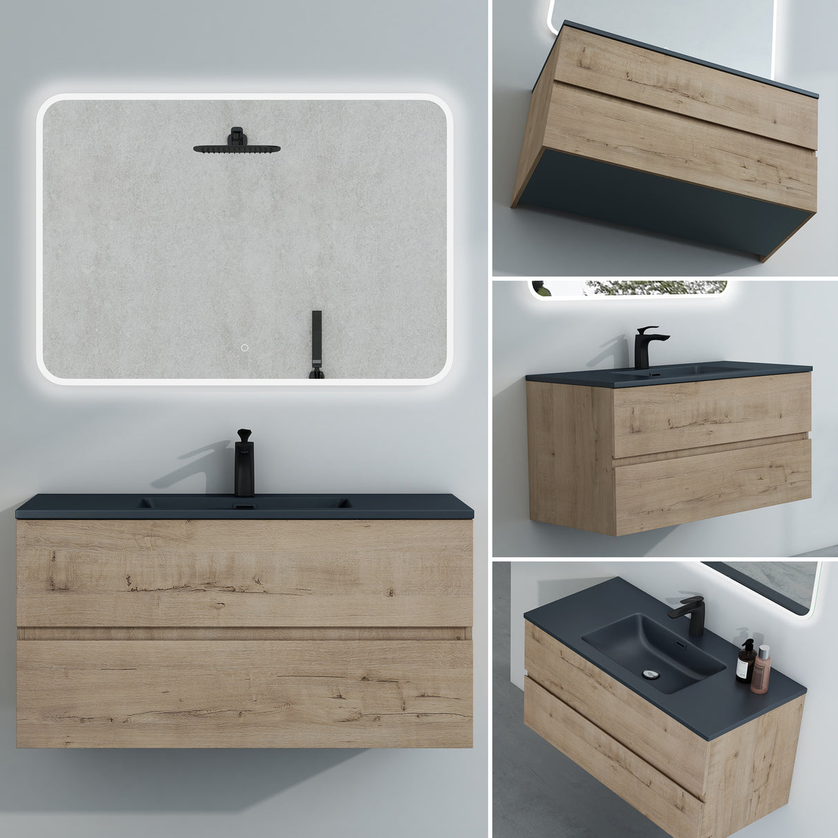 glasvilla Badmöbel-Set Waschtisch mit Unterschrank Mineralguss Waschbecken in Anthrazit Waschbeckenunterschrank  2-Schubladen Soft-Close Aqualis