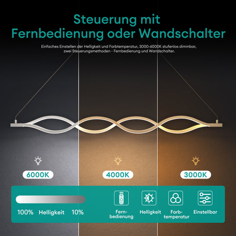 glasvilla Pendelleuchte 106cm LED Hängelampe Dimmbar mit Fernbedienung 3000K/4000K/6000K Verstellbares Kabel 60W Weiß Hängeleuchte für Esszimmer Wohnzimmer Schlafzimmer