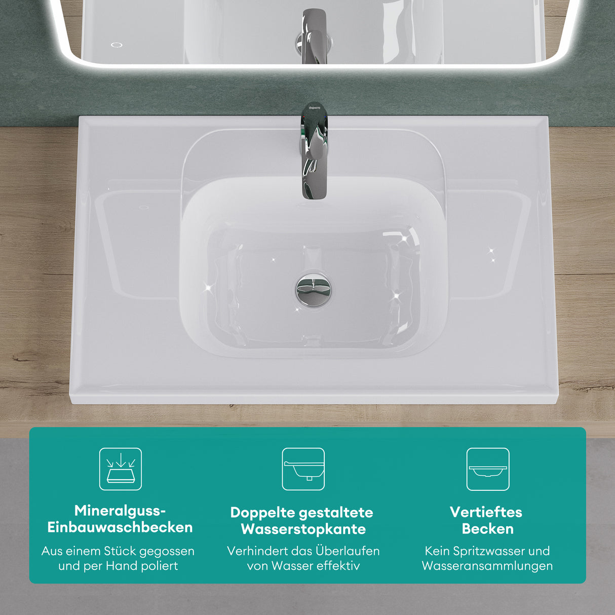 glasvilla Waschbecken Glänzend Weiß Einbauwaschbecken Waschtisch Mineralguss Rechteckig Waschplatz Col3601
