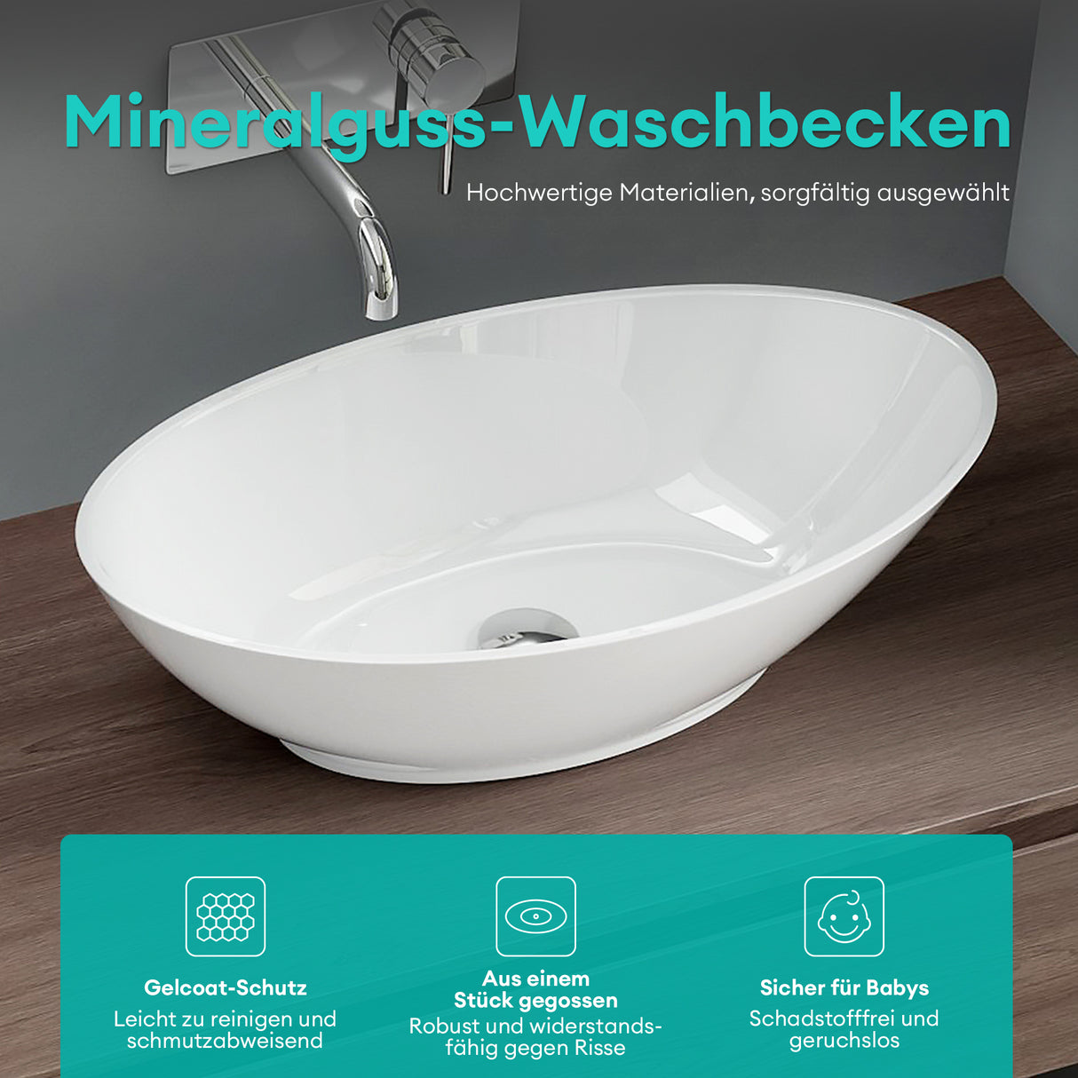 glasvilla Waschbecken Aufsatzwaschbecken Waschschale Waschtisch aus Mineralguss Oval Col807