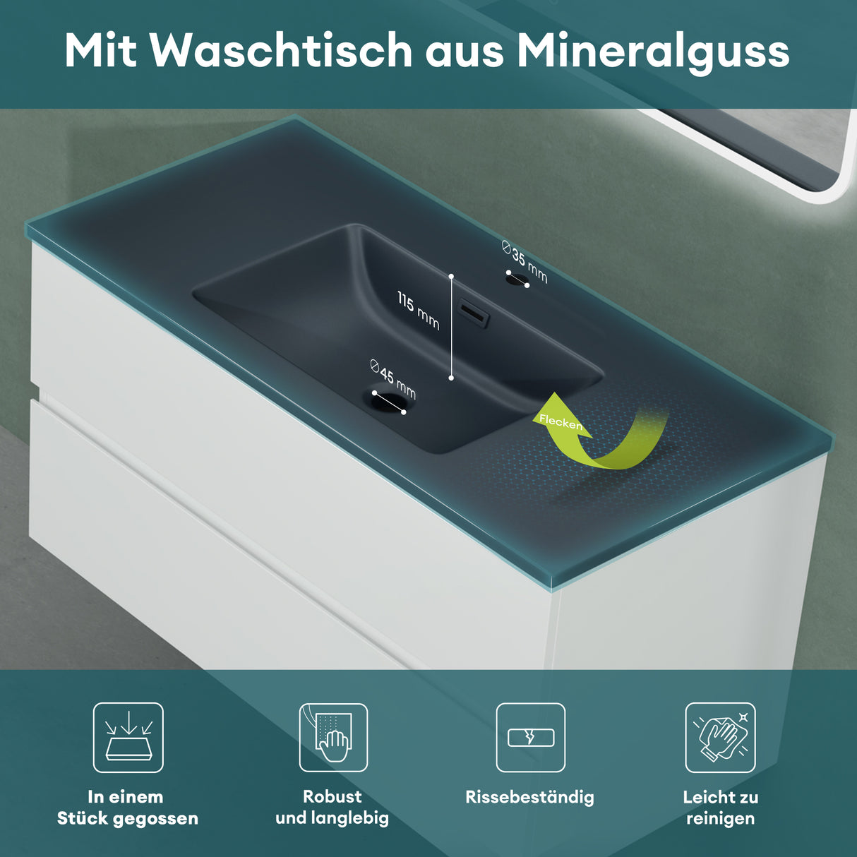 glasvilla Badmöbel-Set Waschtisch mit Unterschrank Mineralguss Waschbecken in Anthrazit Waschbeckenunterschrank  2-Schubladen Soft-Close Aqualis