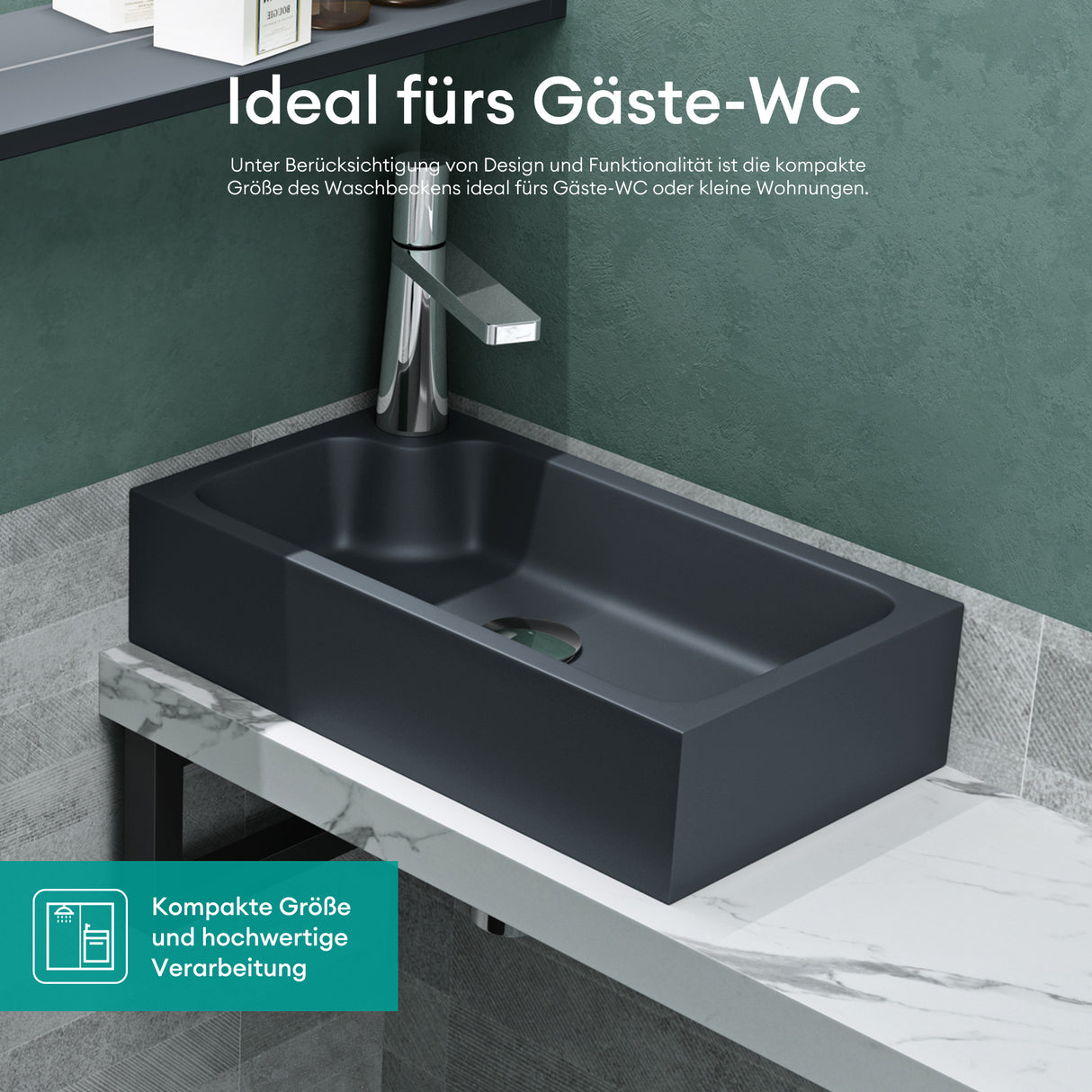 glasvilla Waschbecken Gäste WC Aufsatzwaschbecken mit Hahnloch 46x26x11cm Mineralguss Eckig Klein Waschschale Waschplatz Col101