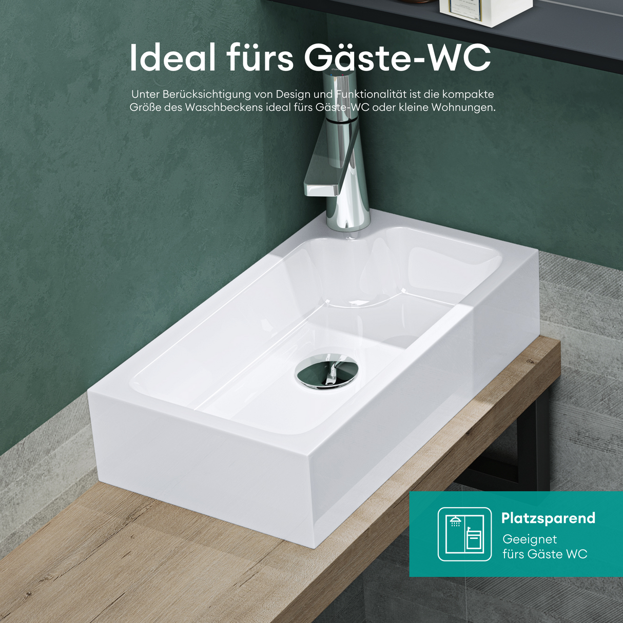 glasvilla Waschbecken Gäste WC Aufsatzwaschbecken mit Hahnloch 46x26x11cm Mineralguss Eckig Klein Waschschale Waschplatz Col101