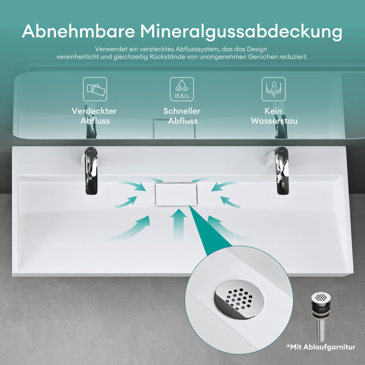 glasvilla Waschbecken Aufsatzwaschbecken Hängewaschbecken Hängewaschtisch inkl. Ablaufgarnitur Mineralguss Rechteckig Waschplatz col19