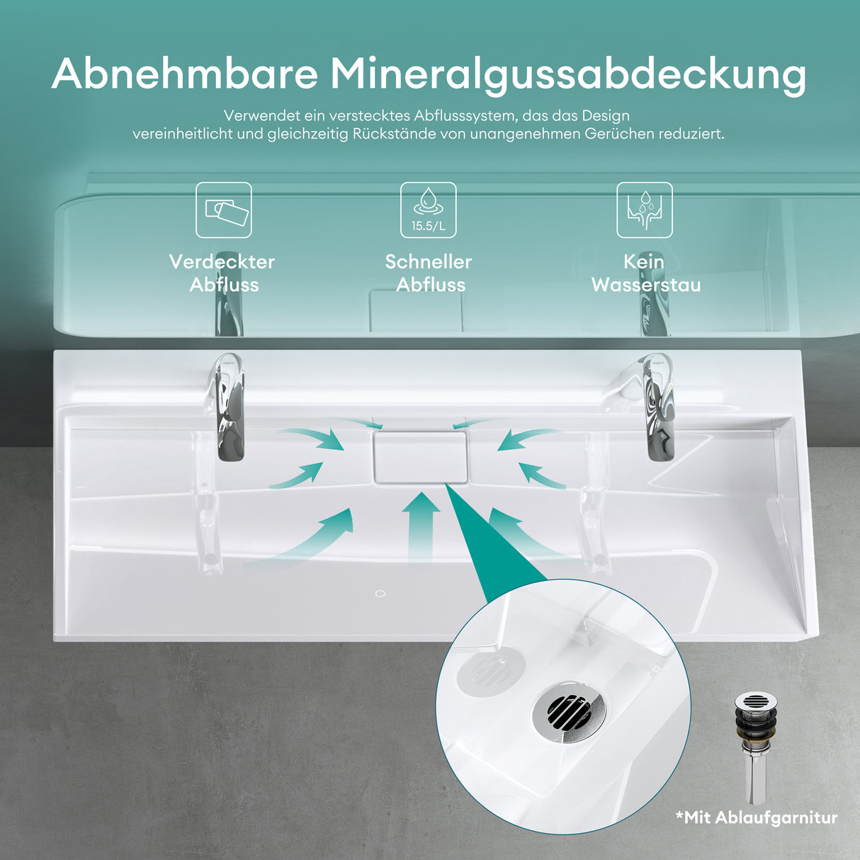 glasvilla Waschbecken Aufsatzwaschbecken Hängewaschbecken Hängewaschtisch inkl. Ablaufgarnitur Mineralguss Rechteckig Waschplatz col19