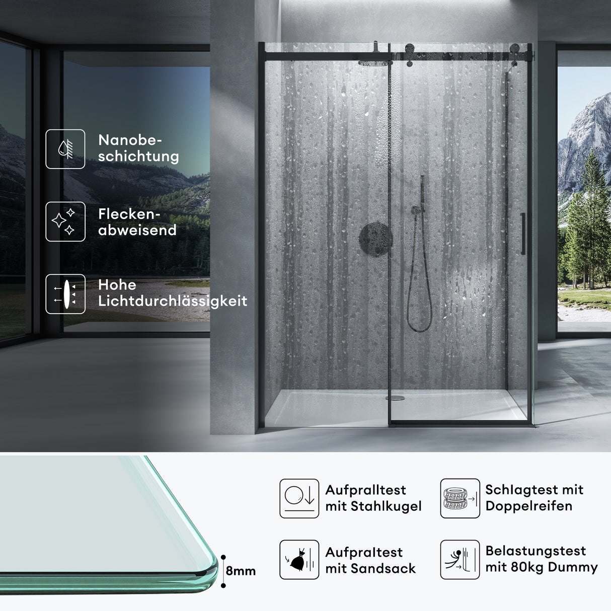 glasvilla Duschkabine mit Schiebetür Duschabtrennung 8mm ESG-Sicherheitsglas Nano-Beschichtung Hebe-Senk-Mechanismus Rav19 Schwarz