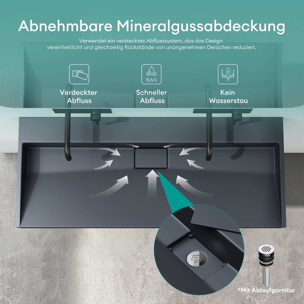 glasvilla Waschbecken Aufsatzwaschbecken Hängewaschbecken Hängewaschtisch inkl. Ablaufgarnitur Mineralguss Rechteckig Waschplatz col19