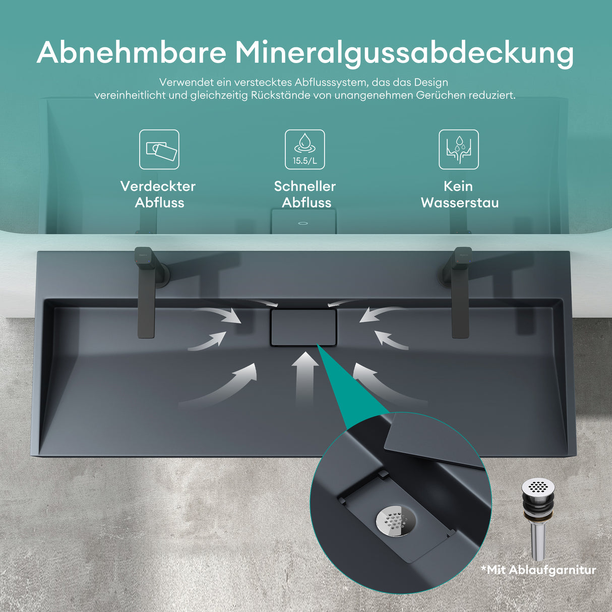 glasvilla Waschbecken Aufsatzwaschbecken Hängewaschbecken Hängewaschtisch inkl. Ablaufgarnitur Mineralguss Rechteckig Waschplatz col19