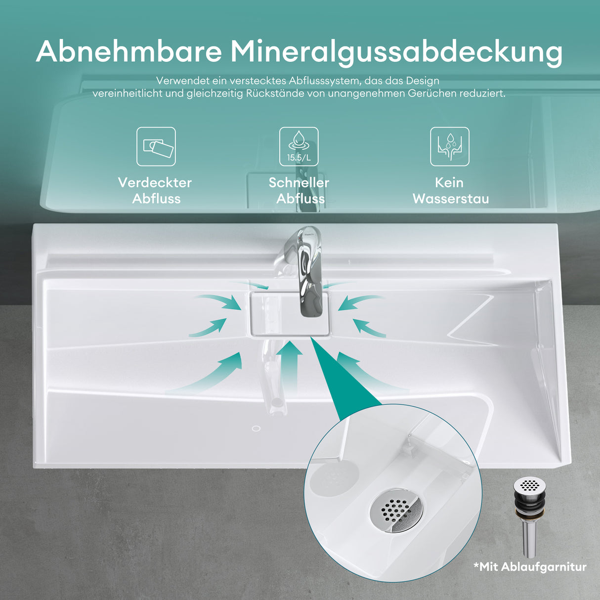 glasvilla Waschbecken Aufsatzwaschbecken Hängewaschbecken Hängewaschtisch inkl. Ablaufgarnitur Mineralguss Rechteckig Waschplatz col19