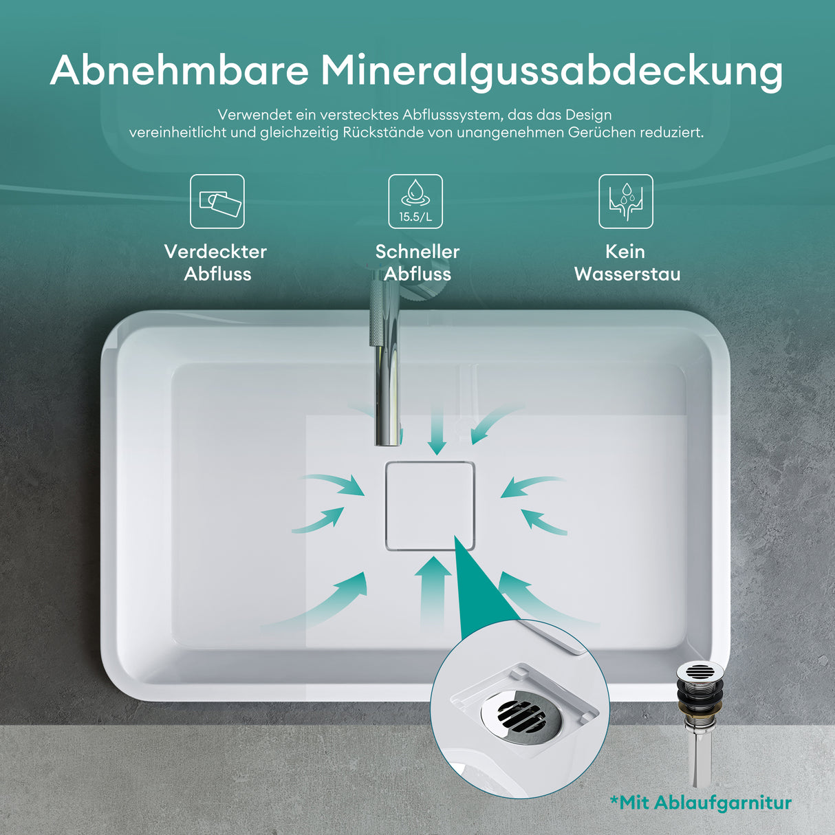 Lavabo Glasvilla, en fonte minérale, lavabo encastré avec couvercle de bonde Col104