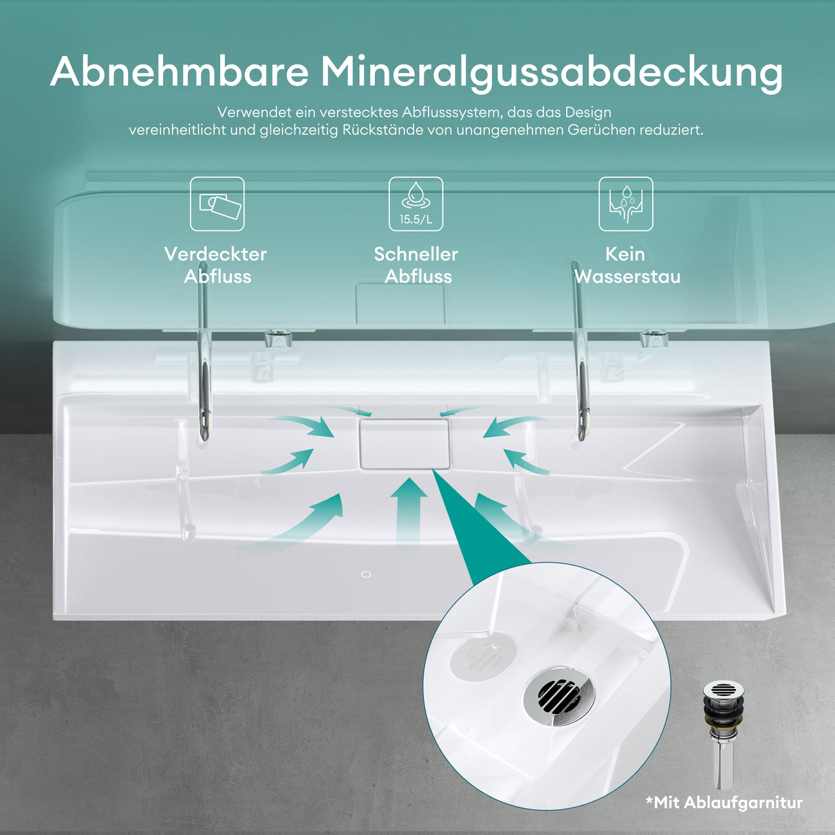 glasvilla Waschbecken Aufsatzwaschbecken Hängewaschbecken Hängewaschtisch inkl. Ablaufgarnitur Mineralguss Rechteckig Waschplatz col19