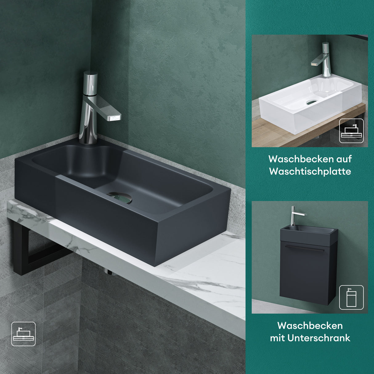 glasvilla Waschbecken Gäste WC Aufsatzwaschbecken mit Hahnloch 46x26x11cm Mineralguss Eckig Klein Waschschale Waschplatz Col101