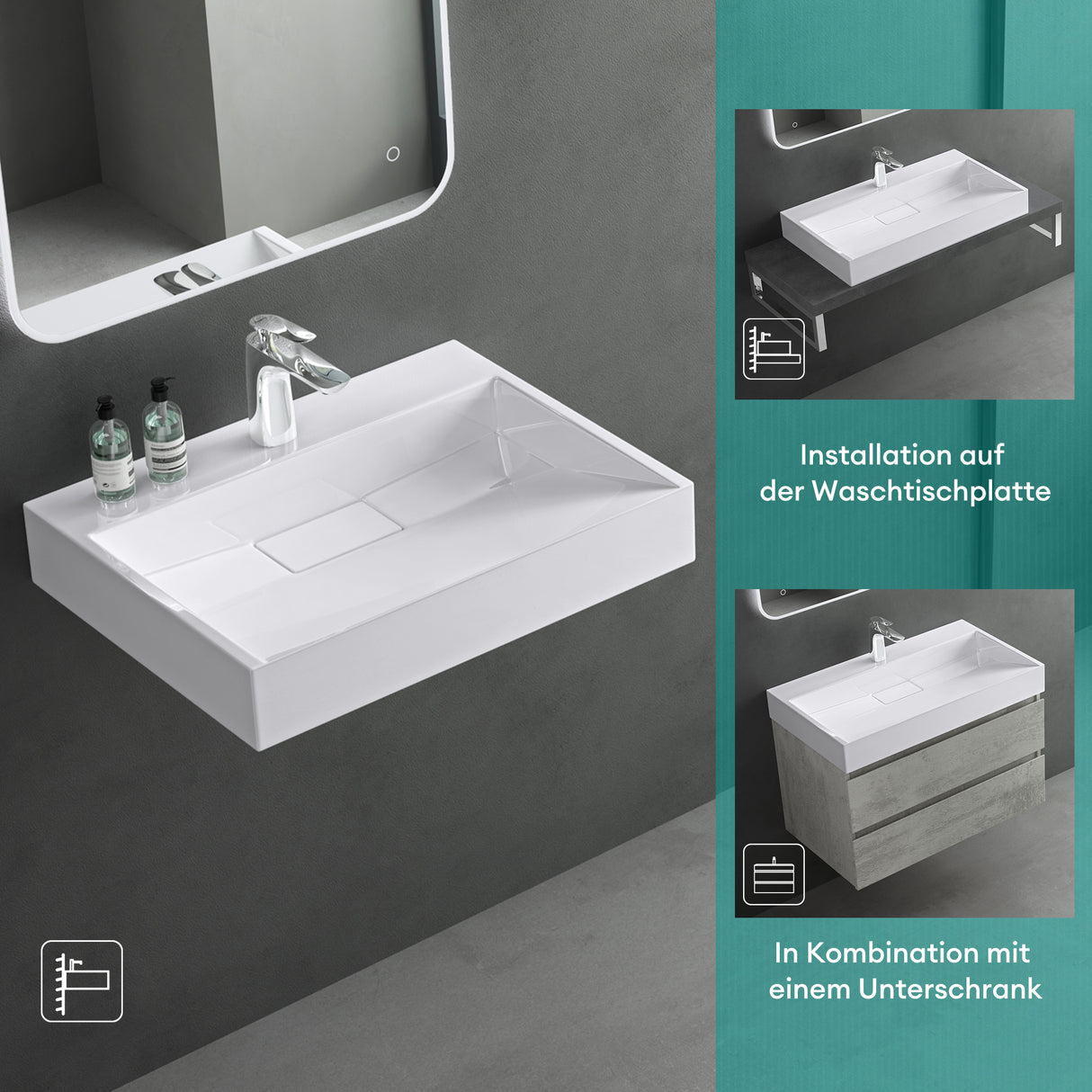 glasvilla Waschbecken Aufsatzwaschbecken Hängewaschbecken Hängewaschtisch inkl. Ablaufgarnitur Mineralguss Rechteckig Waschplatz col19
