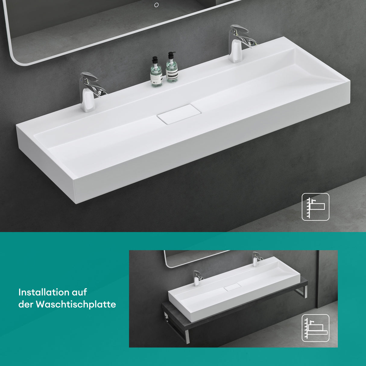 glasvilla Waschbecken Aufsatzwaschbecken Hängewaschbecken Hängewaschtisch inkl. Ablaufgarnitur Mineralguss Rechteckig Waschplatz col19