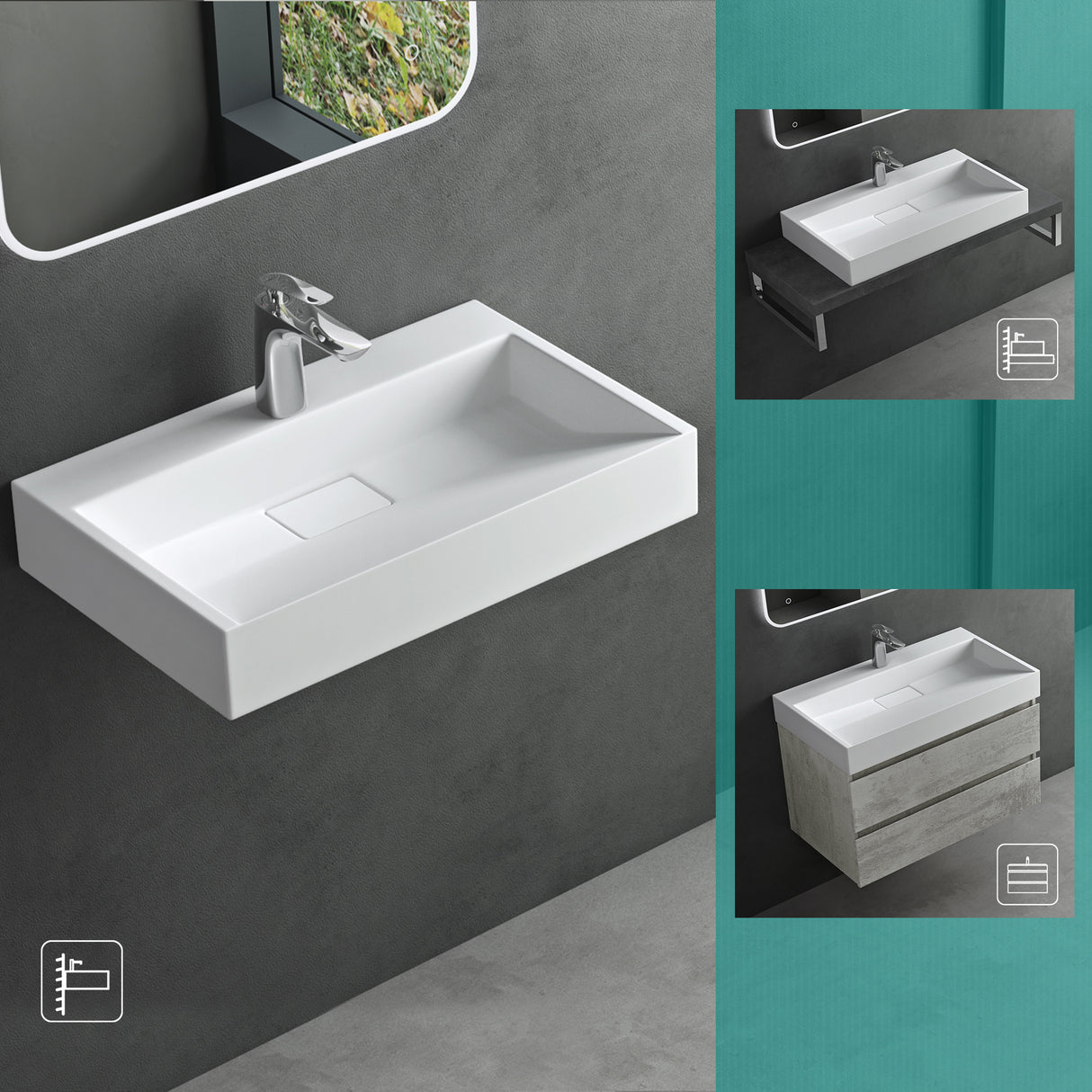 glasvilla Waschbecken Aufsatzwaschbecken Hängewaschbecken Hängewaschtisch inkl. Ablaufgarnitur Mineralguss Rechteckig Waschplatz col19