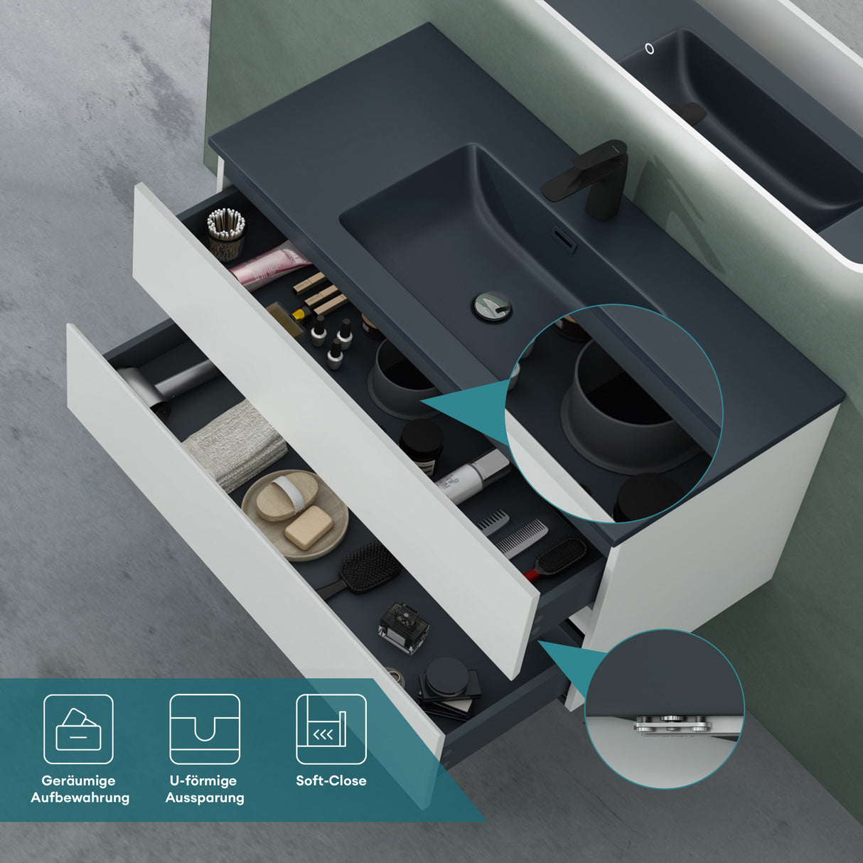 glasvilla Badmöbel-Set Waschtisch mit Unterschrank Mineralguss Waschbecken in Anthrazit Waschbeckenunterschrank  2-Schubladen Soft-Close Aqualis