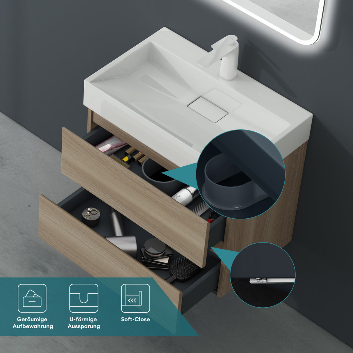 glasvilla Badmöbel-Set Waschbeckenunterschrank Verona mit 2-Schubladen inkl. Waschbecken und Ablaufgarnitur