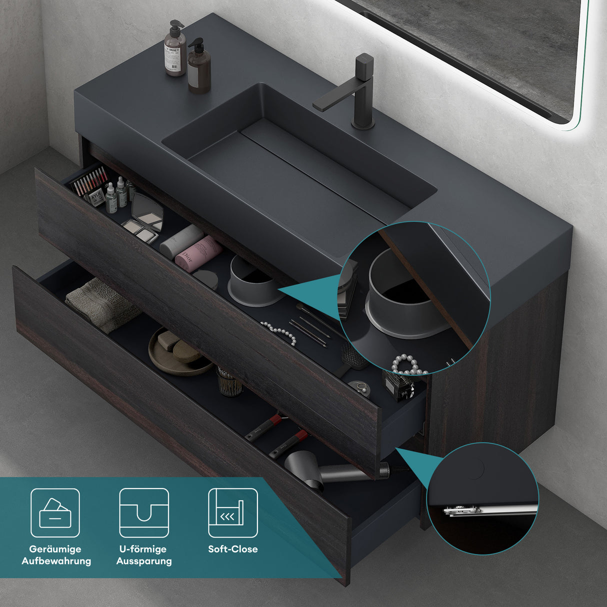 glasvilla Badmöbel Set Badezimmermöbel 120cm Waschbecken Waschtisch mit Unterschrank Deep