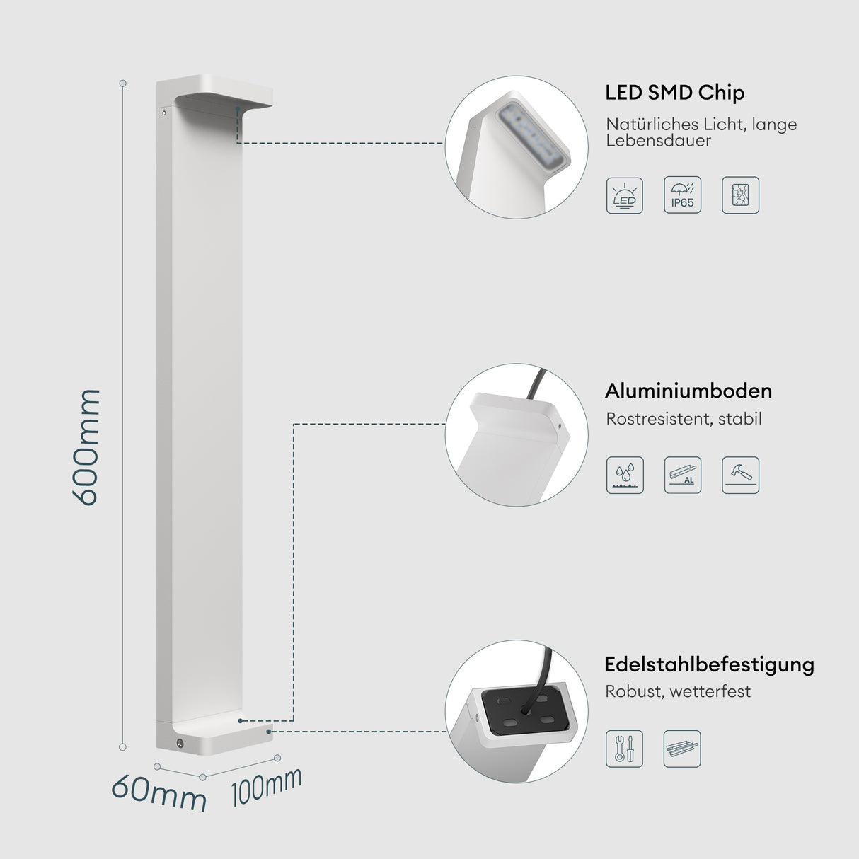 glasvilla Außenleuchte 10x6x60cm IP65 Wegeleuchte Außen | Pollerleuchte für Garten, 3000K Stehlampe Gartenlampe | Außenlampe Standleuchte 6W LumaTorch